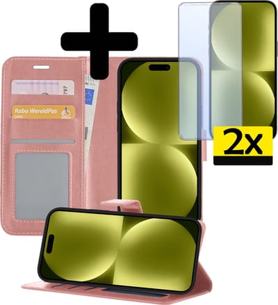 Hoesje - Met 2x Screenprotector - Geschikt voor Apple iPhone 15 - Luxe Pasjeshouder - Bookcase Portemonee - Flip Case - Kunstleer Book Case - Flipcase Hoes - Book Cover - Walletcase - Portemonneehoes - Telefoonhoesjes - Lichtroze