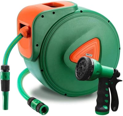 Tuinslang met haspel - Automatische oproller - Tuin besproeien - 180 graden zwenkbaar - 30 meter lengte - Groen