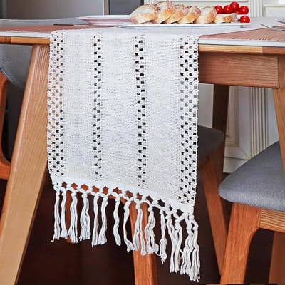 Tafelloper met Kwastjes, Landelijke Herfsttafeldecoratie, Bohemien Tafelkleed voor Keuken en Eettafel voor Feestdagen, Feesten en Dagelijks Gebruik (Beige Crème, 180cm)