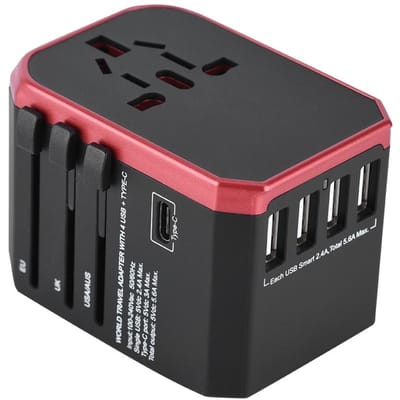 Universele Reisadapter Stekker 4 USB-poorten Type C Stopcontacten Converter voor (Rood)