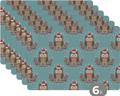 Placemat - Placemats kunststof - Patronen - Uil - Kerst - 45x30 cm - 6 stuks - Hittebestendig - Anti-Slip - Onderlegger - Afneembaar