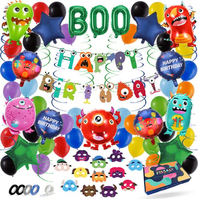 Fissaly 78 Stuks Monsters Decoratie set Versiering – Thema Feest – Kinderfeest – Incl. Ballonnen, Slingers, Maskers & Accessoires