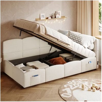Hauss Spole Kinderbed met opbergruimte 90x200 cm met USB-oplaadpoort en opbergvak, beige bouclé stof (zonder matras)