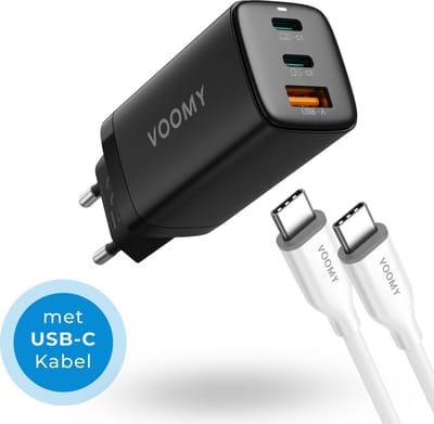 Voomy USB C Adapter - 65W Snellader met Oplaadkabel - 2 USB C & 1 USB A Poort - Oplader Universeel voor Laptop, telefoon, tablets en meer - USB C Lader - Zwart