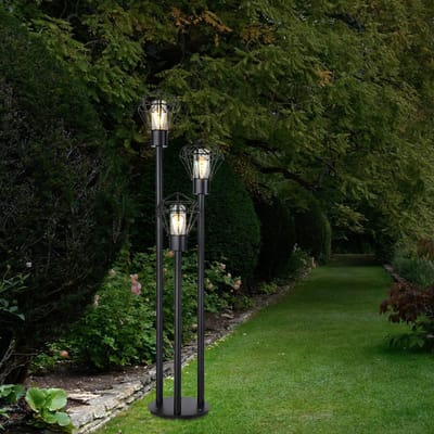 Buiten vloerlamp Padlamp Retro raster Vloerlamp 3 vlammen, roestvrij staal metaal zwart, doorzichtig plastic, 3x E27, LxH 44x2x170 cm