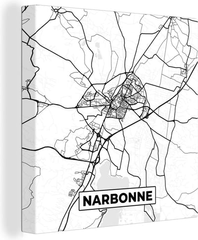 Canvas Schilderij Stadskaart - Plattegrond - Narbonne - Kaart - Frankrijk - Zwart wit - 20x20 cm - Wanddecoratie