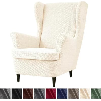 Effen Kleur Jacquard Fauteuilhoezen Stretch Spandex Wingback Fauteuilhoes Elastische Bankhoes met Zitkussenhoes beige