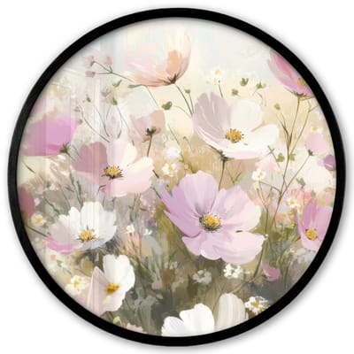 Poster in lijst Rond - Fotolijst 40x40 cm - Posters - Bloemenveld - Lichte tinten - Geschilderd - Ronde posterlijst zwart - Decoratie - Wanddecoratie woonkamer - Muurdecoratie slaapkamer