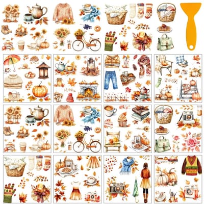 Dailygoods- Transferstickers - 12 Vellen Herfstthemastickers - Pompoen/Blad Stickers - Raamdecoratie - 5,5 x 5,5 cm - Inclusief Schraper