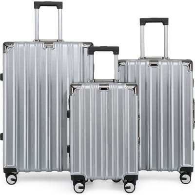 Hardshell Zilveren Kofferset Robuuste 8 Wiel Bagage Cabine Tas
