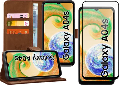 Hoesje geschikt voor Samsung Galaxy A04s / A13 5G - Screen Protector FullGuard - Book Case Kunstleer Pasjeshouder Bruin & Screenprotector
