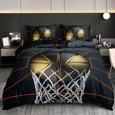 Basketbal Dekbedovertrek Queen Size Sport Dunk Basketbal Dekbedovertrekken Voor Kinderen Tieners Zwart Bal Print Beddengoed Set Alle Seizoenen 220*240cm 3pcs