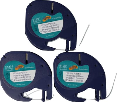 Dappaz - 3 stuks Dymo Compatible Label tape 91201 Zwart op Wit - 12 mm x 4 m - Geschikt voor Dymo LetraTag Labelprinter - S0721610