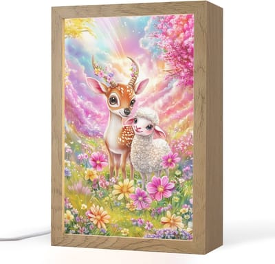 Nachtlampje 20x30 cm - Kinder lampje - Hertje - Lammetje - Bloemen - Pastel - Tafellamp kinderkamer - Slaapkamer lamp - Bedlamp kinderen - Kinderlampje stopcontact - Wandlamp babykamer - Nachtlampjes