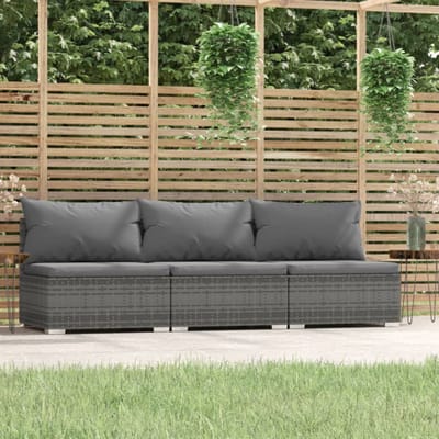 vidaXL - Driezitsbank - met - kussens - poly - rattan - grijs