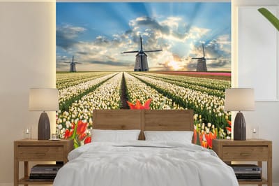 Behang - Fotobehang Windmolen - Tulpen - Lucht - Natuur - Breedte 350 cm x hoogte 350 cm