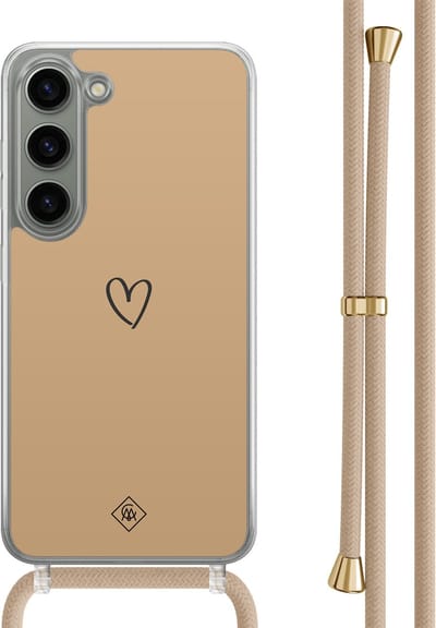 Casimoda® hoesje met beige koord - Geschikt voor Samsung S23 - Hart Bruin - Afneembaar koord - TPU/polycarbonaat - Bruin/beige