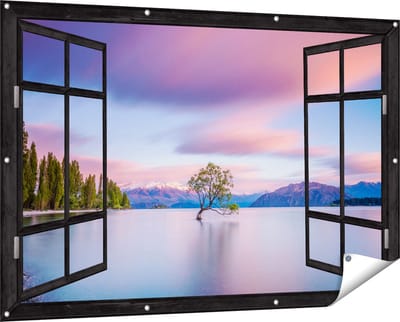 Gards Tuinposter Doorkijk Wanaka Boom in het Water bij Zonsopgang - 150x100 cm - Tuindoek - Tuindecoratie - Wanddecoratie buiten - Tuinschilderij