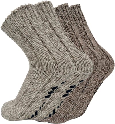 Noorse Dikke Wollen sokken met antislip - Set van 2 paar - Beige & Bruin - maat 35-38 - Huissokken dames/Dikke Wintersokken kinderen/Hygge