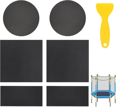Trampoline Reparatieset met 6 Zelfklevende Rubber Plakken in 3 Maten en 1 Schraper voor het Herstellen van Scheuren of Gaten in Trampolinematten