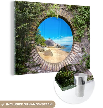 MuchoWow® Glasschilderij 120x90 cm - Schilderij acrylglas - Zomer - Strand - Doorkijk - Tropical - Foto op glas - Schilderijen