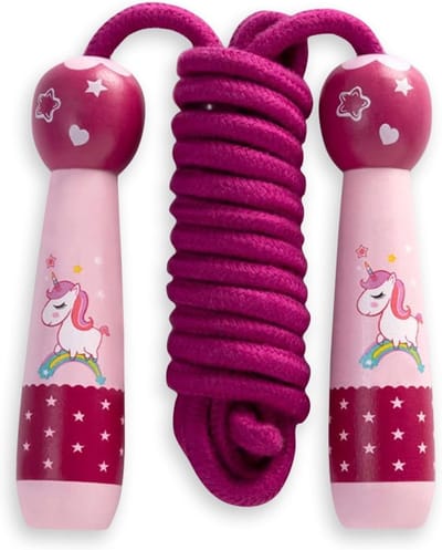 Verstelbaar springtouw voor kinderen met houten handvat en eenhoorn ontwerp, 2,6 m lang, ideaal voor fitness en spelletjes, met comfortabele schuimrubberen grip