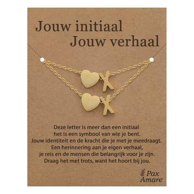 Letter X ketting + armband set op Cadeau Kaartje - Jouw initiaal, jouw verhaal - Goudkleurig Stainless Steel - Initiaal & Hartje Hanger - Pax Amare