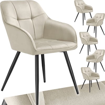 tectake® Eetkamerstoelen Marilyn - Set van 6 - Gestoffeerde Stoel in Fluweellook - Stikpatroon - Zwarte Stoelpoten - Ergonomische Keukenstoel - Doorlopende Rugleuning en Armleuningen - Stoel voor Woonkamer, Eetkamer, Slaapkamer - Creme