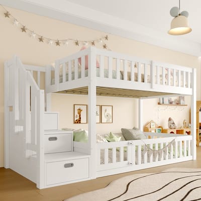 Stapelbed - 90x200 - Stapelbed Met Opbergladder - eenvoudig en functioneel - Materiaal Onbekend - Wit