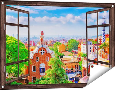 Gards Tuinposter Doorkijk Park Güell in Barcelona - Kleurrijk - 90x60 cm - Tuindoek - Tuindecoratie - Wanddecoratie buiten - Tuinschilderij