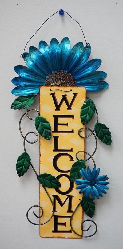 Metalen Welkom Teken - Wanddecoratie Bloem - Voordeur Decoratie - Duurzaam Metaal - 38x21cm - Blauw
