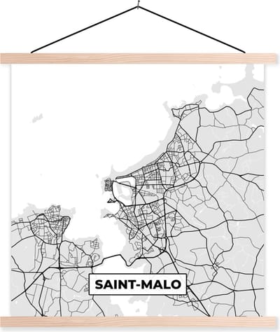 Posterhanger incl. Poster 40x40 cm - Schoolplaat - Frankrijk – Plattegrond – Kaart – Saint-Malo – Stadskaart - Textielposter - Blanke latten - Stadskaart