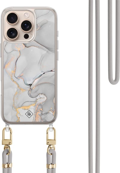 Casimoda® hoesje met koord - Geschikt voor iPhone 16 Pro Max - Marmer Grijs - Afneembaar koord - TPU/polycarbonaat - Grijs