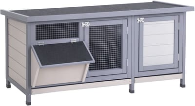 PawHut Konijnenhok Grenenhout, Staal 112L x 50B x 54H cm Grijs+Zwart