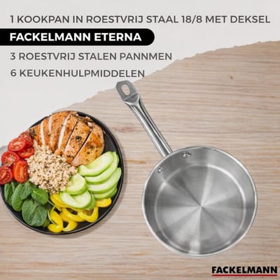 Set 1 pan 20 cm roestvrij staal en 1 glazen deksel, 3 roestvrijstalen kookpotten 16, 20 en 24 cm en 6 RPET keukengerei Fackelmann Eterna