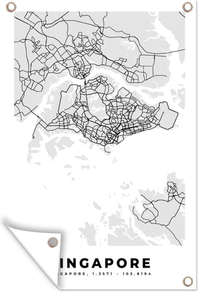 Muurdecoratie Singapore - Plattegrond - Stadskaart - Zwart Wit - Kaart - 120x180 cm - Tuinposter - Tuindoek