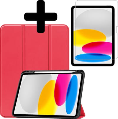 Hoes - Geschikt voor Apple iPad A16/A18 (2022/2025/2026) - 10.9 & 11 inch (10e, 11e & 12e generatie) - Met Screenprotector - Trifold Bookcase - Hard Cover Case - Met Uitsparing Geschikt voor Apple Pencil - Hardcover Book - Tablet Hoesje - Rood