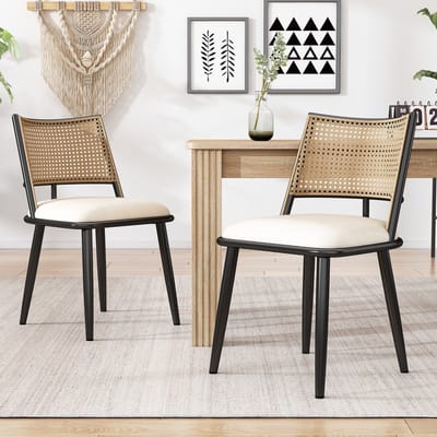 PU eetkamerstoelen - set van 2 - rotan rugleuning - woonkamer - slaapkamerstoel - zwart