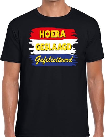Hoera geslaagd gefeliciteerd t-shirt zwart heren - feest shirts heren - geslaagd kleding S