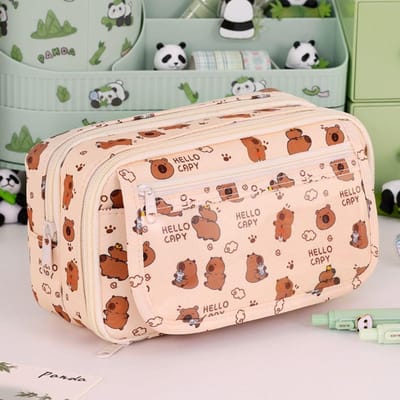 Multifunctionele Capybara/Panda pennenzak Grote capaciteit Negenlaags etui Vuilafstotende schrijfwarentas Schoolkantoor beige