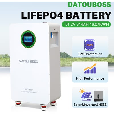 DATOUBOSS Datoboss Lifepo4 Batterij 51.2V 314Ah 16Kwh met BMS-bescherming voor zonne-energieopslag, off-grid hybride omvormer Powerwall 16kWh 314Ah