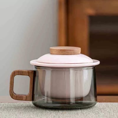 Glazen Theekop met Keramisch Deksel en Zeef, 200 ml, Walnoot, Ideaal voor Losse Thee, Borosilicaat Glas, Thee Accessoires