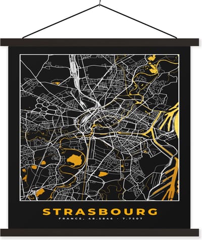 Posterhanger incl. Poster 60x60 cm - Schoolplaat - Frankrijk – Plattegrond – Kaart – Strasbourg – Stadskaart - Textielposter - Zwarte latten - Stadskaart