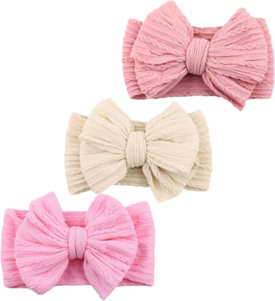 Set van 3 Zachte Haarbanden voor Baby's met Strikjes - Accessoires voor Meisjes in Donkerroze, Beige en Medium Roze
