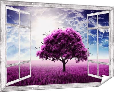 Gards Tuinposter Doorkijk Paarse Boom in het Paars Veld met Vogels - 180x120 cm - Tuindoek - Tuindecoratie - Wanddecoratie buiten - Tuinschilderij