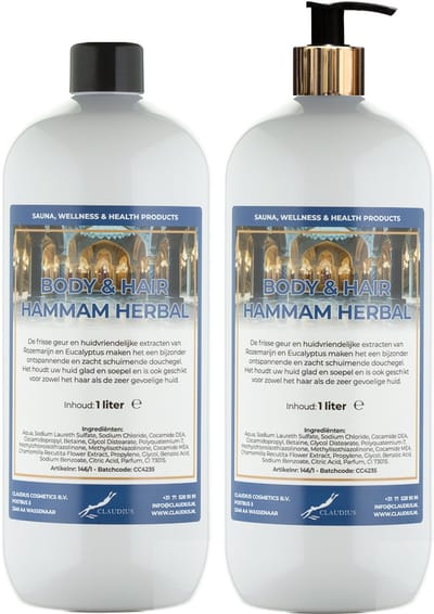 Body & Hair Hammam Herbal 1 liter met gouden pomp - set van 2 stuks - 2 in 1 voor lichaam en haar - voordeelverpakking