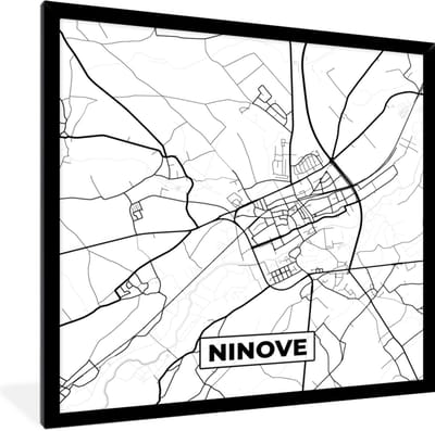 Fotolijst incl. Poster Zwart Wit- België – Ninove – Stadskaart – Kaart – Zwart Wit – Plattegrond - 40x40 cm - Posterlijst