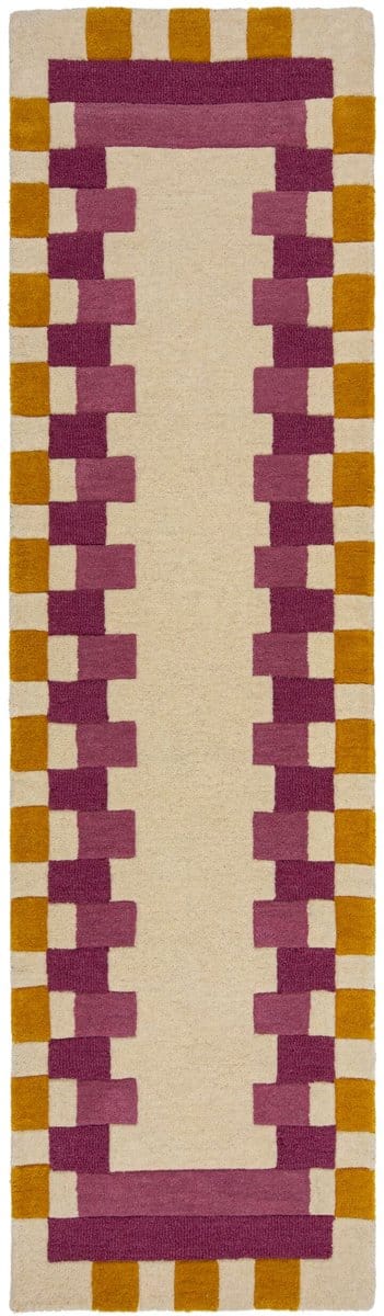 Flycarpets Loper Wollen Vloerkleed Kai - Kader - Lijstmotief - Roze / Geel 67x300 cm