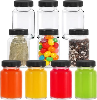 Famanu - 10 Stuks Glazen shotflessen 56 ml met brede mond en deksel, herbruikbare mini-flessen voor sap en kruiden – Transparant