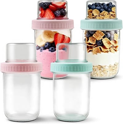 Overnight Oatmeal Glazen Set van 4, 480 ml en 120 ml, Ideaal voor Muesli, Yoghurt en Pudding met Dubbele Laag en Scheiding voor School en Reizen